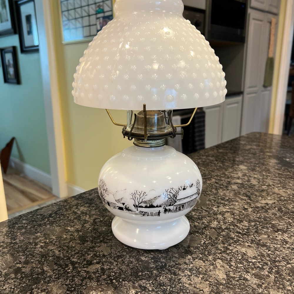 Vintage 1950s-60s Currier & Ives, Hobnail Milk Glass Oil Lamp, White